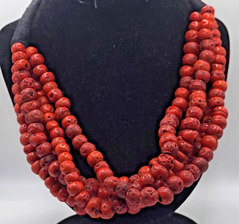 Vintage Multi Strand Red Coral Statement Necklace Layered Chunky Bead Bib Collar